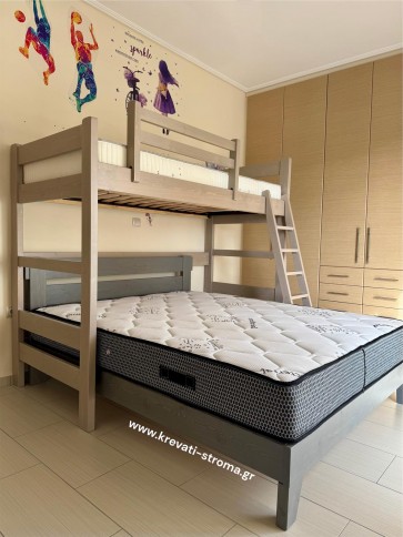 Κρεβάτια ξύλινα μασίφ σε σχηματισμό κουκέτας Γ γωνιακής για εξοικονόμηση χώρου, τάβλες και στρώματα