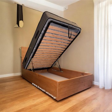 Κρεβάτι ημίδιπλο με μασίφ πόδια και mdf ακατέργαστο δρυς ξύλο σε minimal μοντέρνα γραμμή και αποθηκευτικό χώρο