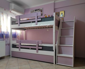 Κουκέτα διαιρούμενη με σκαλοπάτια για στρώμα 90χ190 λευκή-μωβ από μασίφ ξύλο 