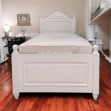 Κρεβάτι remake 60 ' s σε λευκή λάκα , με σκάλισμα , τορναριστές κολώνες και αποθηκευτικά συρτάρια 